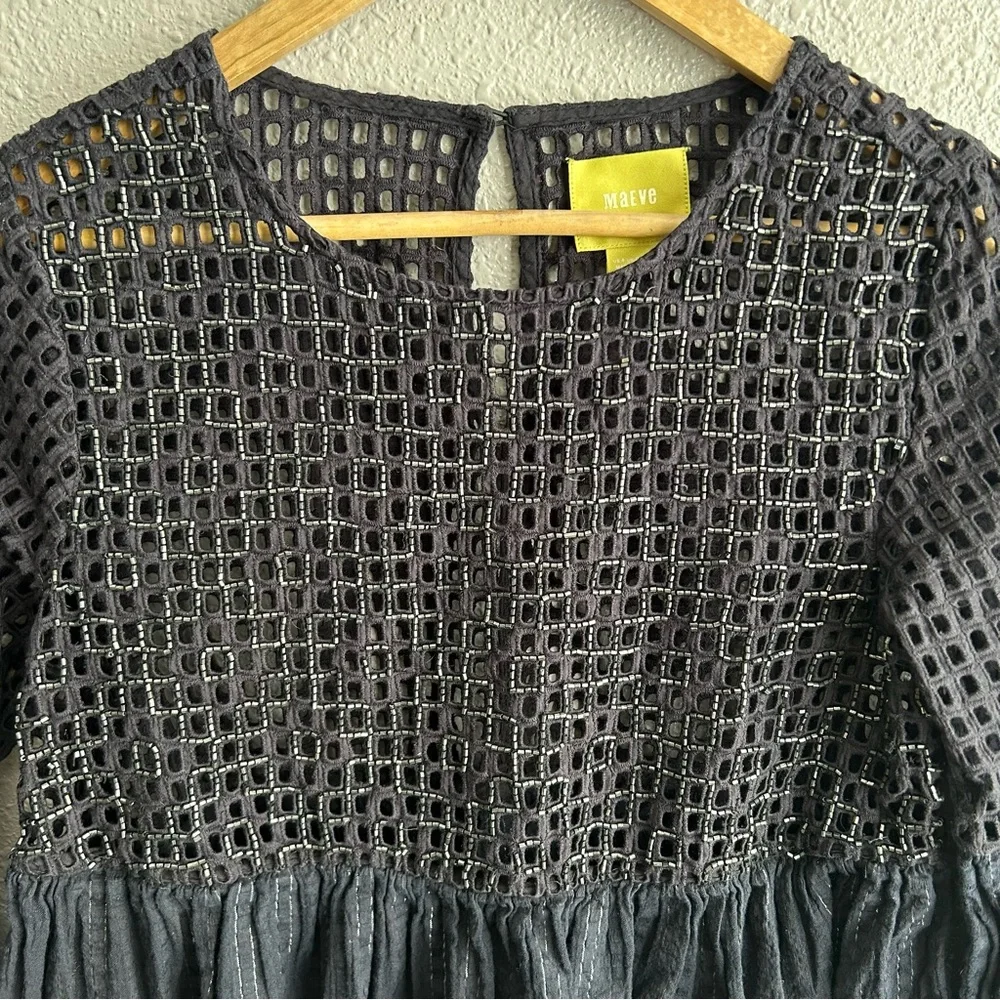 Anthropologie Maeve‎ Black Alameda Bell Sleeve Beaded 100% Cotton Blouse